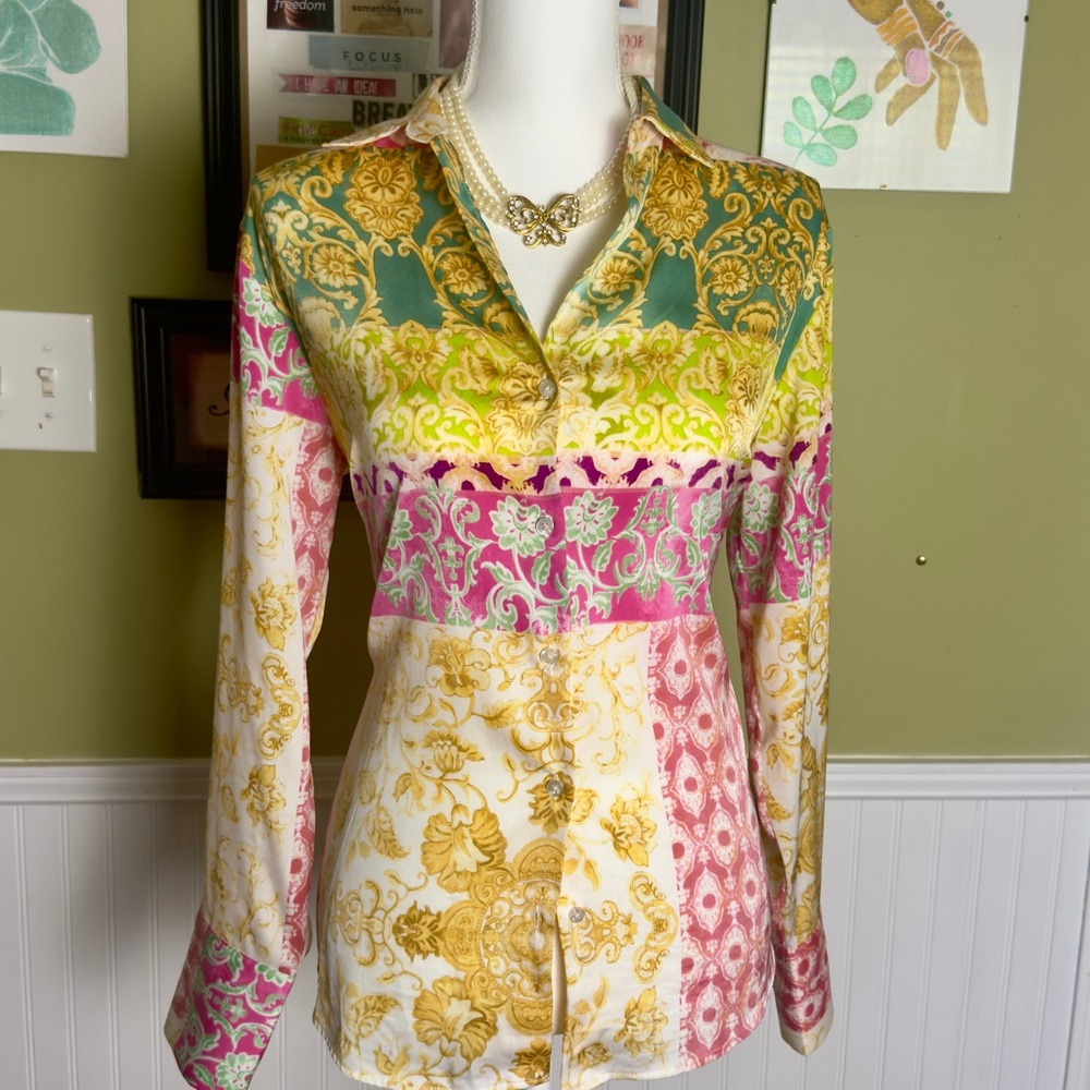 cupcakes & cashmere Green, Pink, and Gold Button Down Shirt